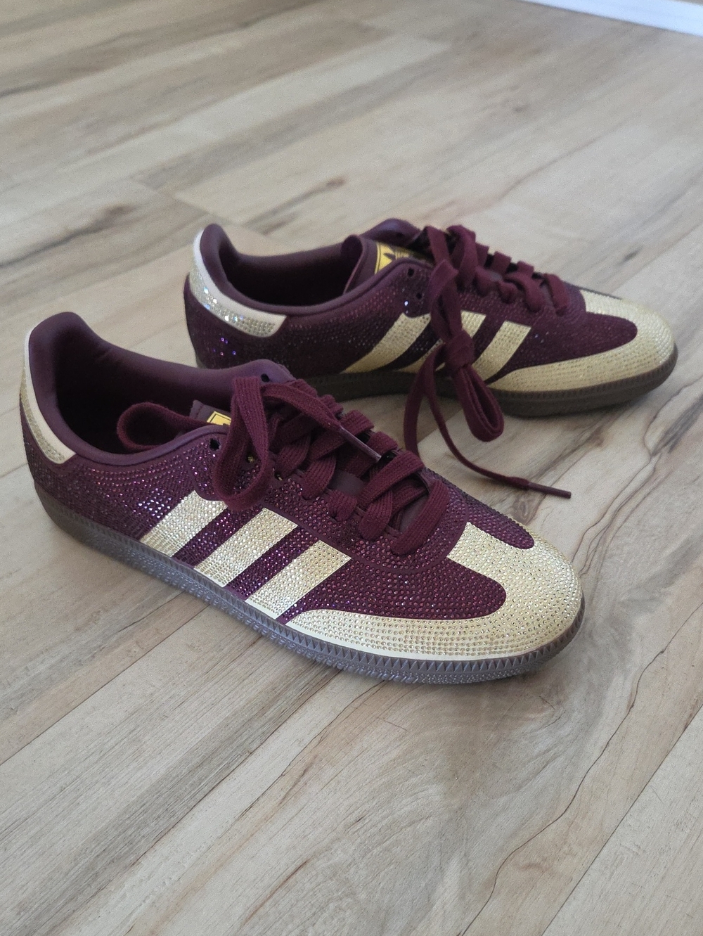 Adidas Samba OG Rhinestone Burgundy and Gold Vanilla Off White Unisex 6 Womens 7